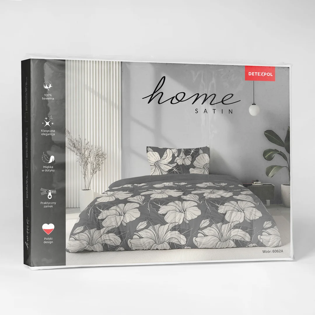 Pościel satynowa 140x200 grafitowa w białe kwiaty - 6062 A - Home Satin — zdjęcie 3