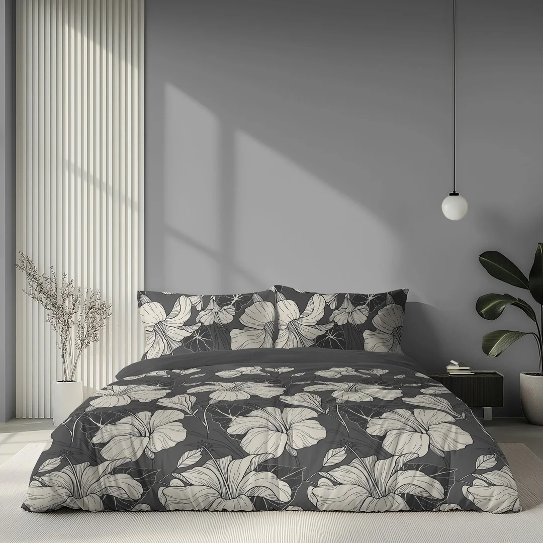 Pościel satynowa 140x200 grafitowa w białe kwiaty - 6062 A - Home Satin — zdjęcie 4