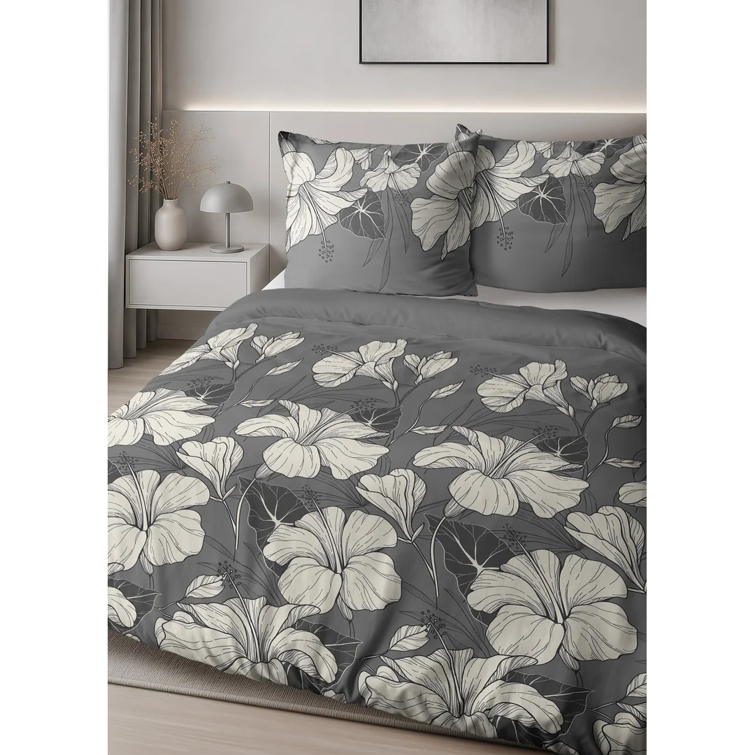 Pościel satynowa 140x200 grafitowa w białe kwiaty - 6062 A - Home Satin — zdjęcie 5