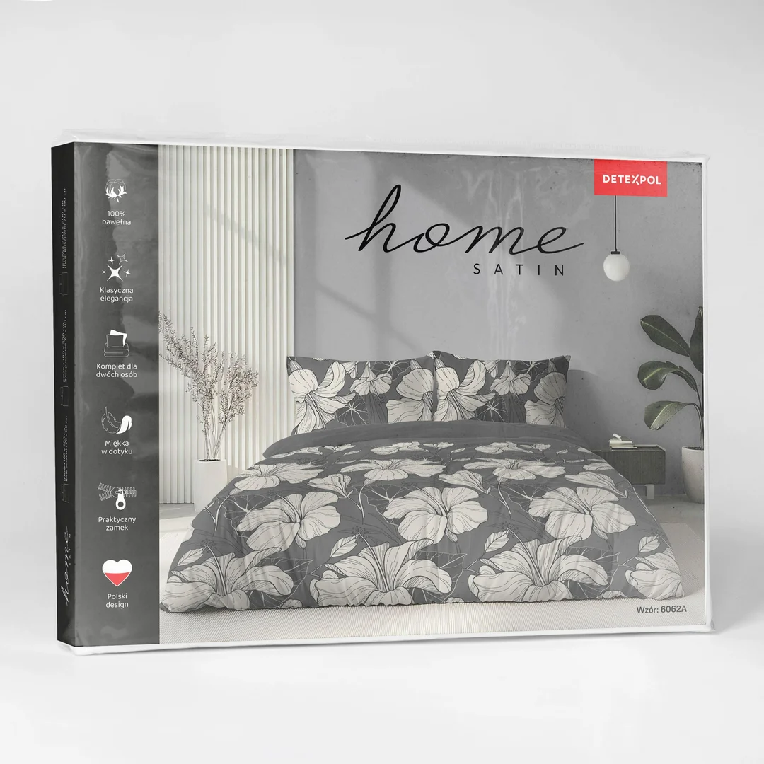 Pościel satynowa 140x200 grafitowa w białe kwiaty - 6062 A - Home Satin — zdjęcie 6