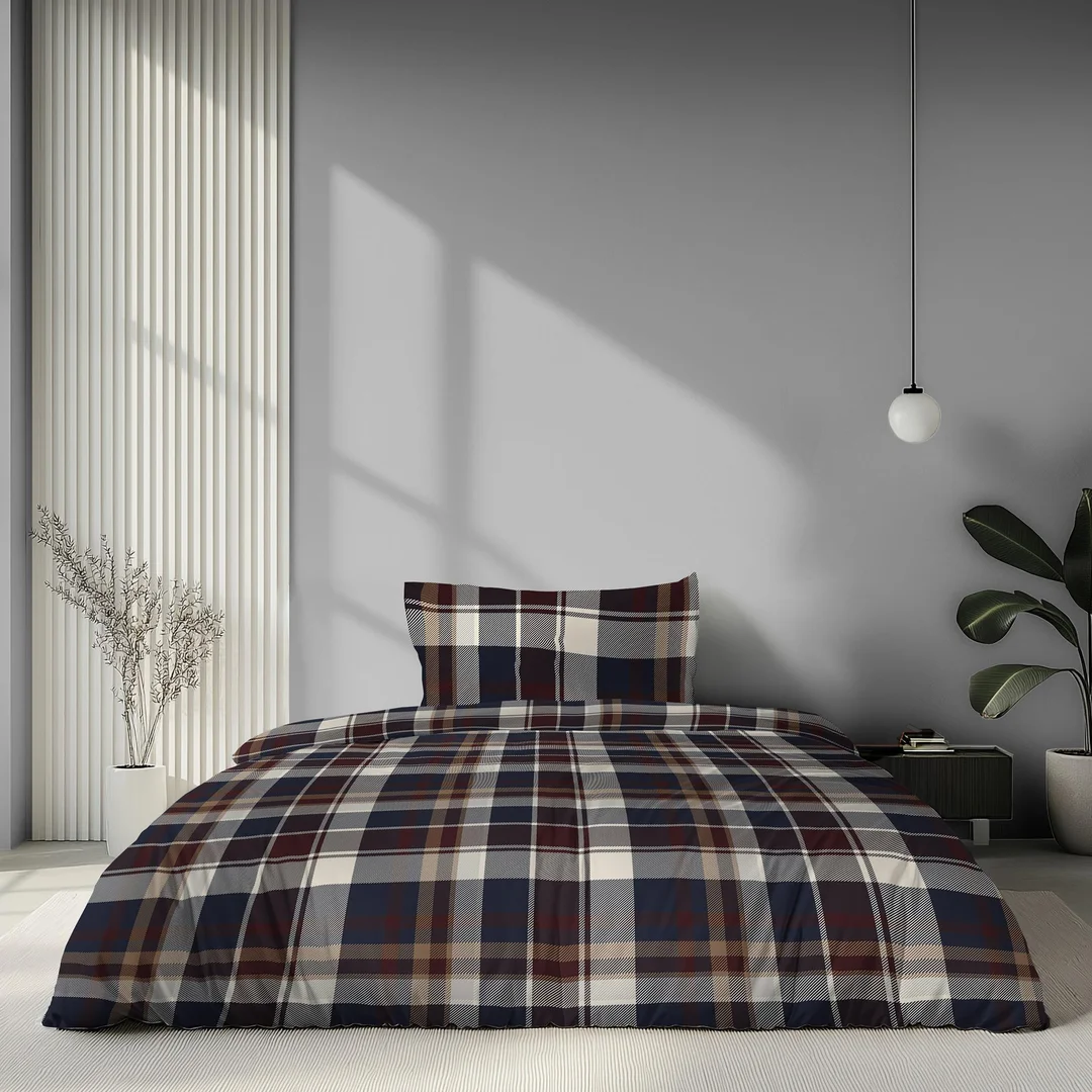 Pościel satynowa 140x200 granatowa bordowa beżowa w kratę - 6072 A - Home Satin — zdjęcie 2