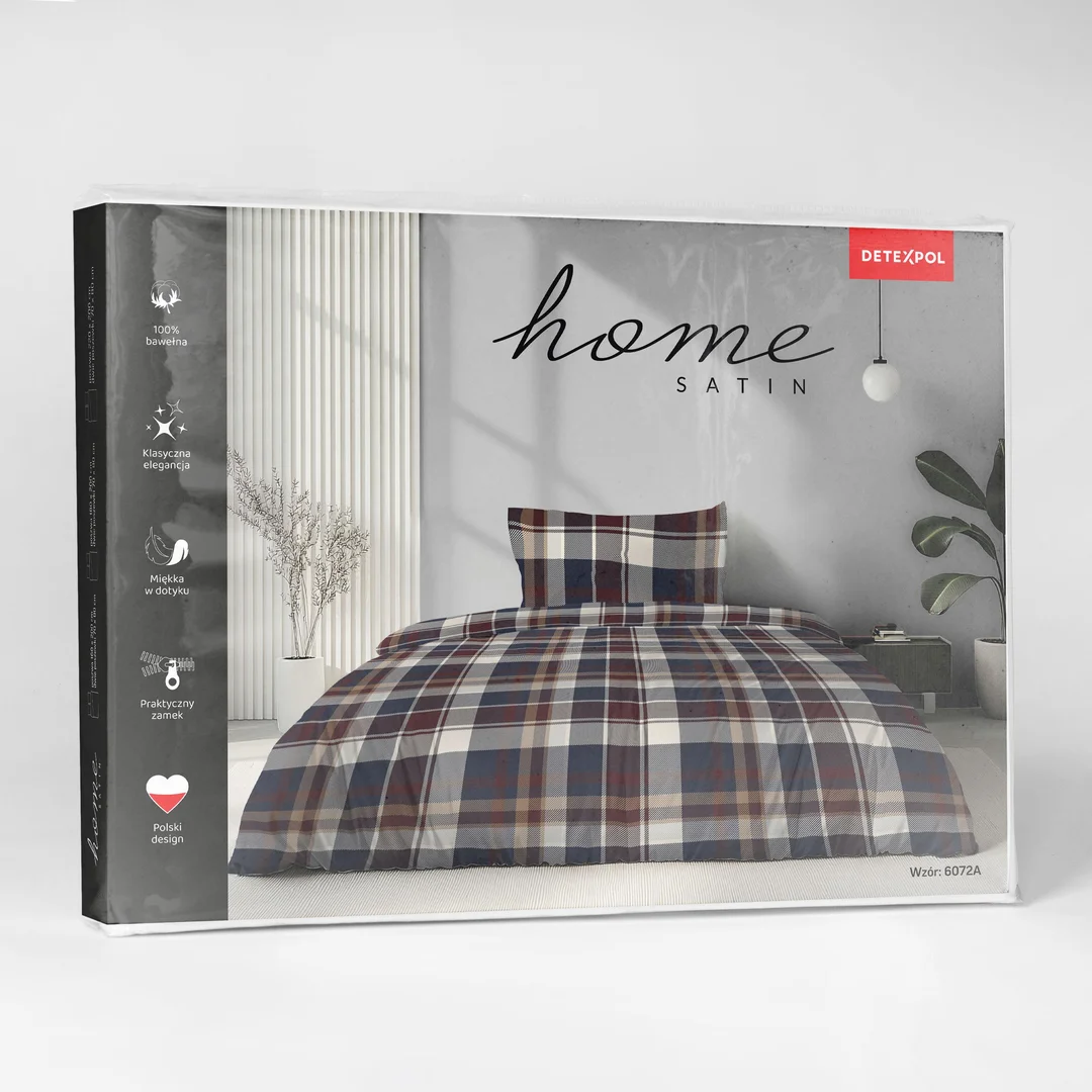 Pościel satynowa 140x200 granatowa bordowa beżowa w kratę - 6072 A - Home Satin — zdjęcie 3
