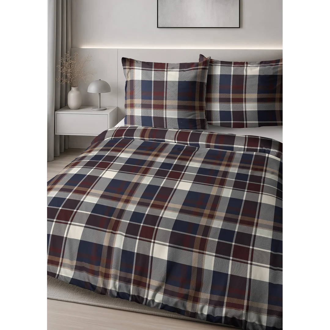 Pościel satynowa 140x200 granatowa bordowa beżowa w kratę - 6072 A - Home Satin — zdjęcie 5