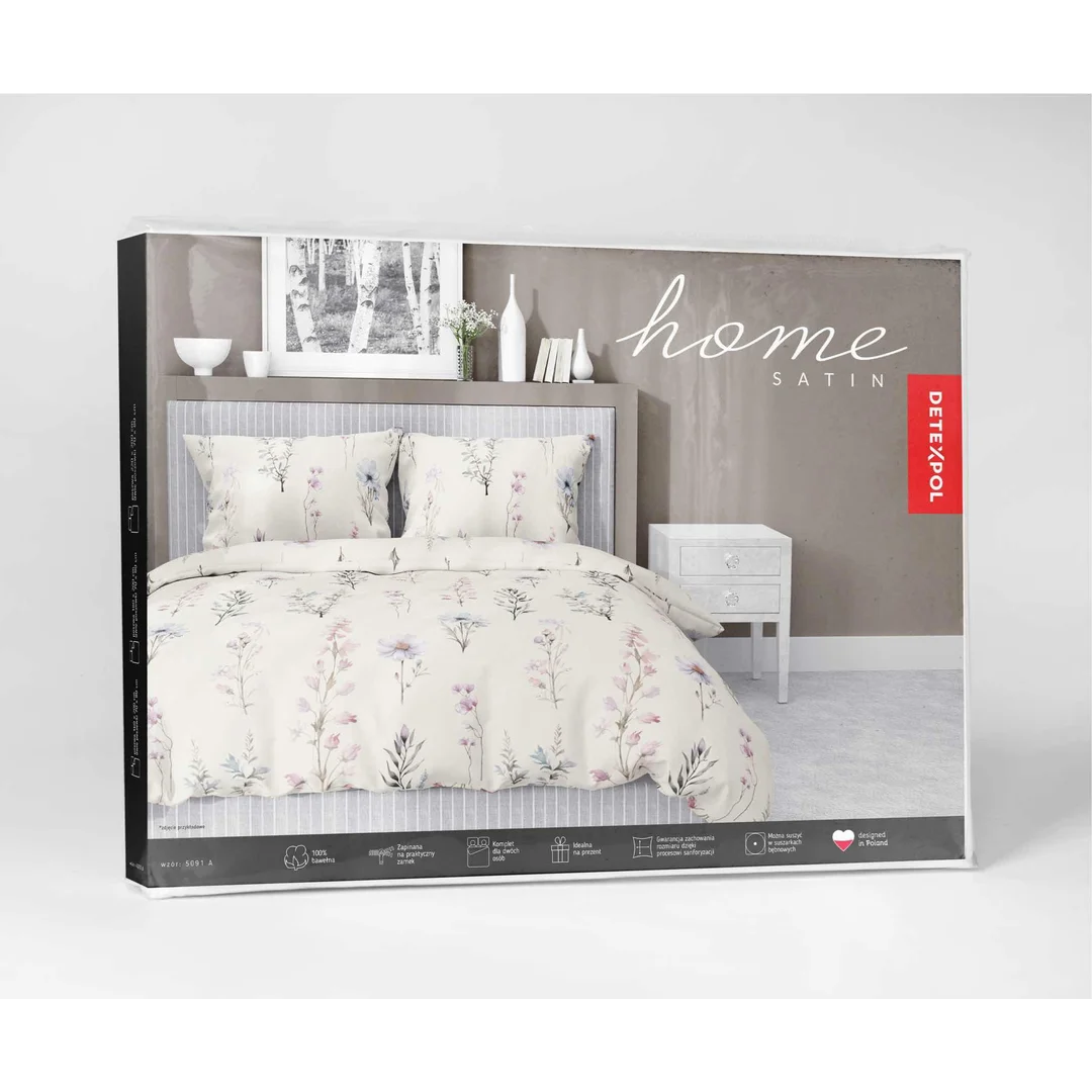 Pościel satynowa 140x200 kremowa różowa zielona kwiaty 5091 A Home Satin 11 — zdjęcie 3