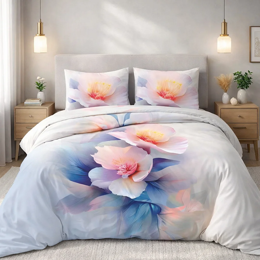 Pościel satynowa 140x200 Kwiaty różowa niebieska 12423 SATYNLOVE PREMIUM — zdjęcie 2