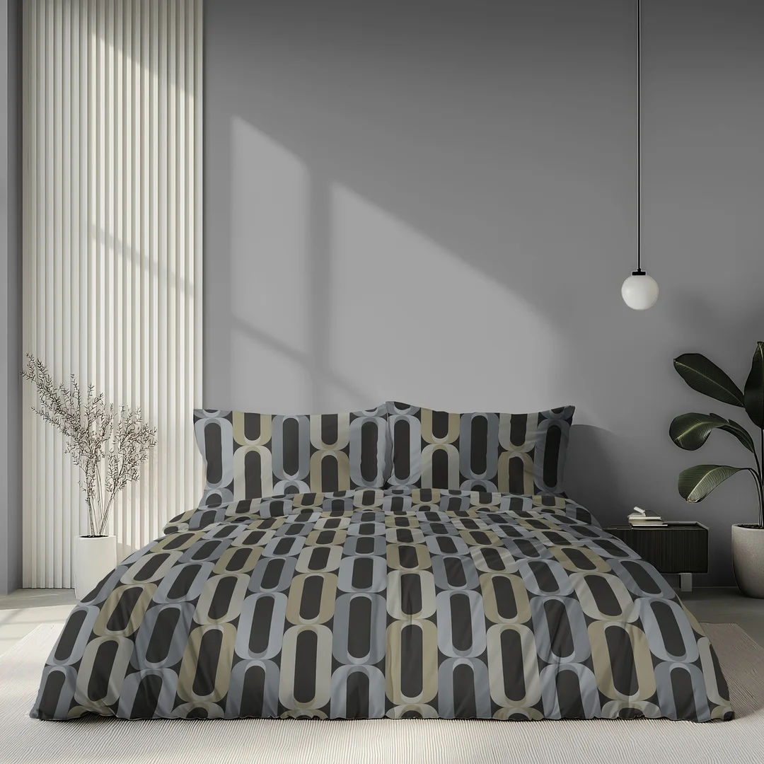 Pościel satynowa 140x200 szara beżowa w pionowy geometryczny wzór - 6071 A - Home Satin — zdjęcie 4