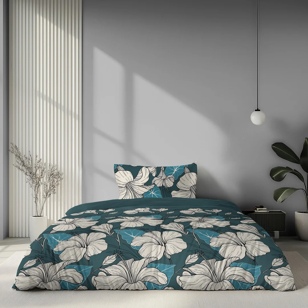 Pościel satynowa 140x200 turkusowa w białe kwiaty - 6062 B - Home Satin — zdjęcie 2