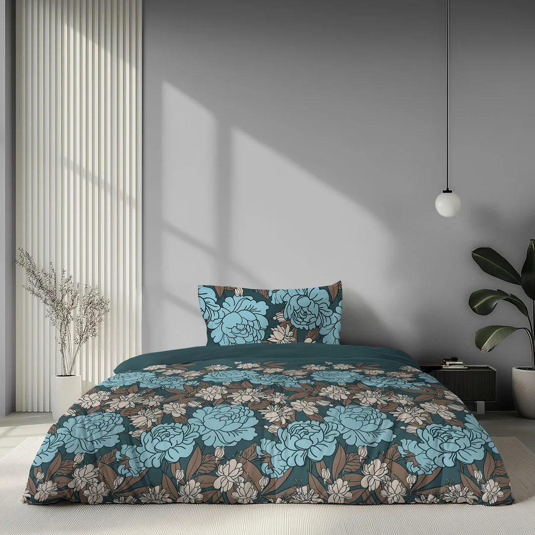 Pościel satynowa 140x200 turkusowa w niebieskie beżowe kwiaty - 6065 A - Home Satin — zdjęcie 2