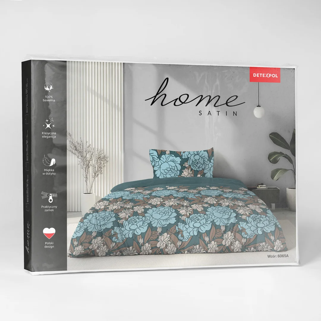 Pościel satynowa 140x200 turkusowa w niebieskie beżowe kwiaty - 6065 A - Home Satin — zdjęcie 3