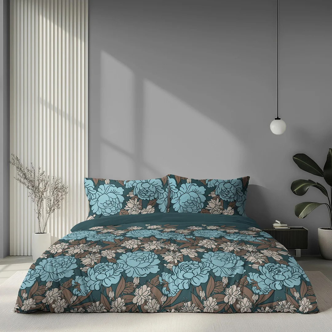 Pościel satynowa 140x200 turkusowa w niebieskie beżowe kwiaty - 6065 A - Home Satin — zdjęcie 4