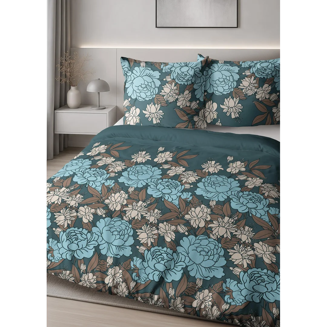 Pościel satynowa 140x200 turkusowa w niebieskie beżowe kwiaty - 6065 A - Home Satin — zdjęcie 5