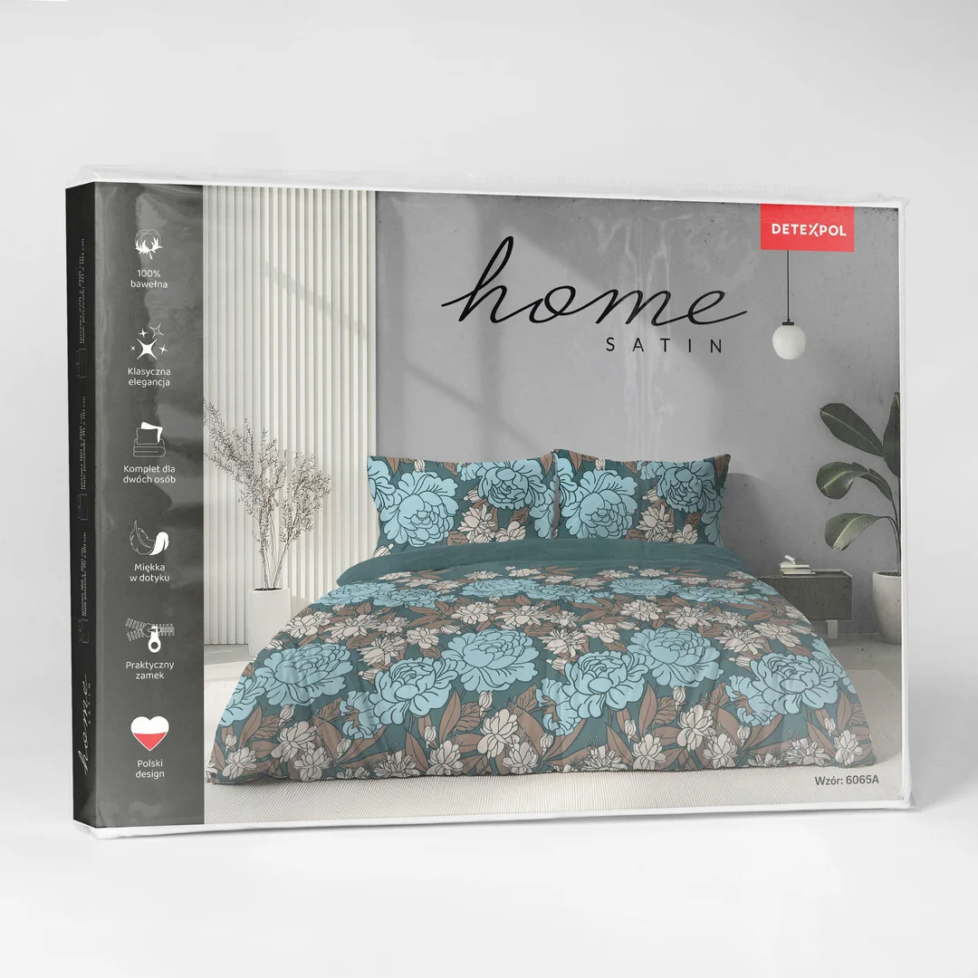 Pościel satynowa 140x200 turkusowa w niebieskie beżowe kwiaty - 6065 A - Home Satin — zdjęcie 6