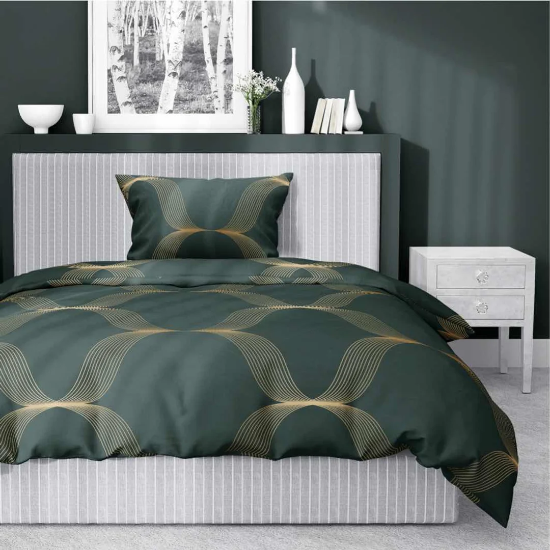 Pościel satynowa 140x200 zielona butelkowa złota ornament 5088 B Home Satin 11 — zdjęcie 2