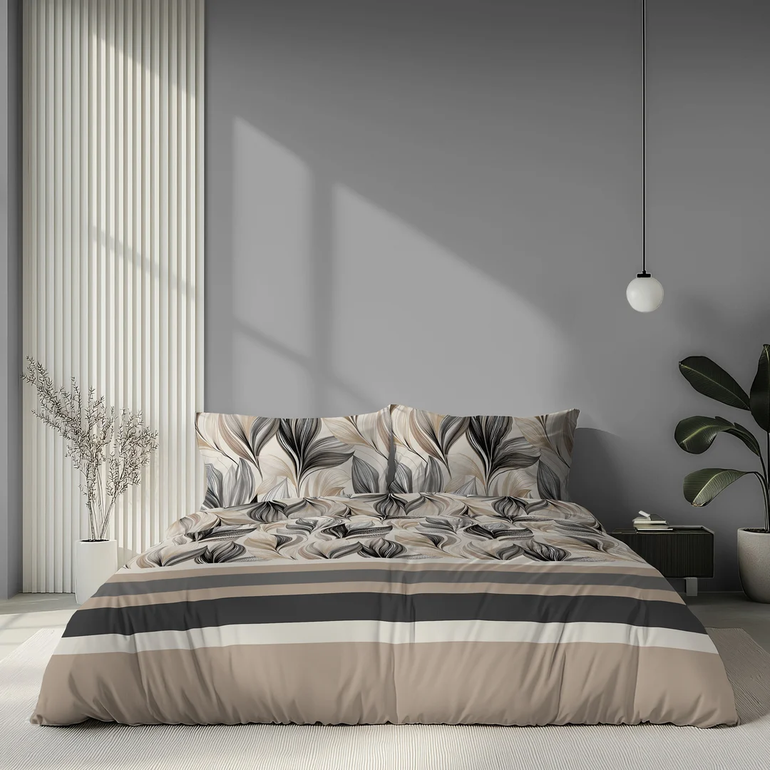 Pościel satynowa 160x200 beżowa czarna w liście i pasy - 6066 A - Home Satin — zdjęcie 4