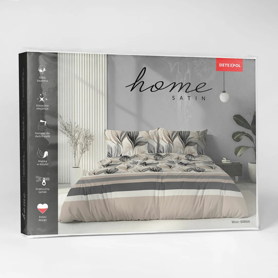Pościel satynowa 160x200 beżowa czarna w liście i pasy - 6066 A - Home Satin — zdjęcie 6