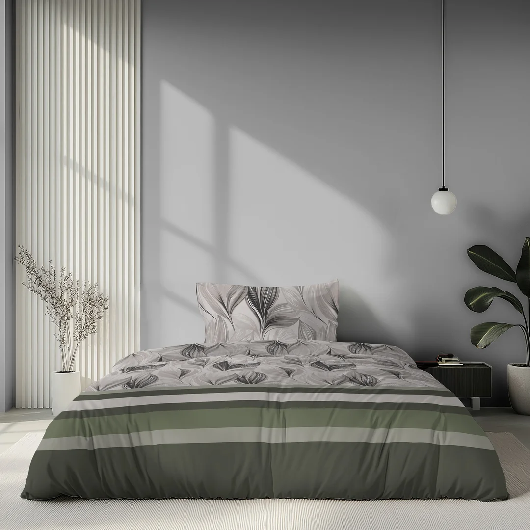 Pościel satynowa 160x200 beżowa zielona w liście i pasy - 6066 B - Home Satin — zdjęcie 2