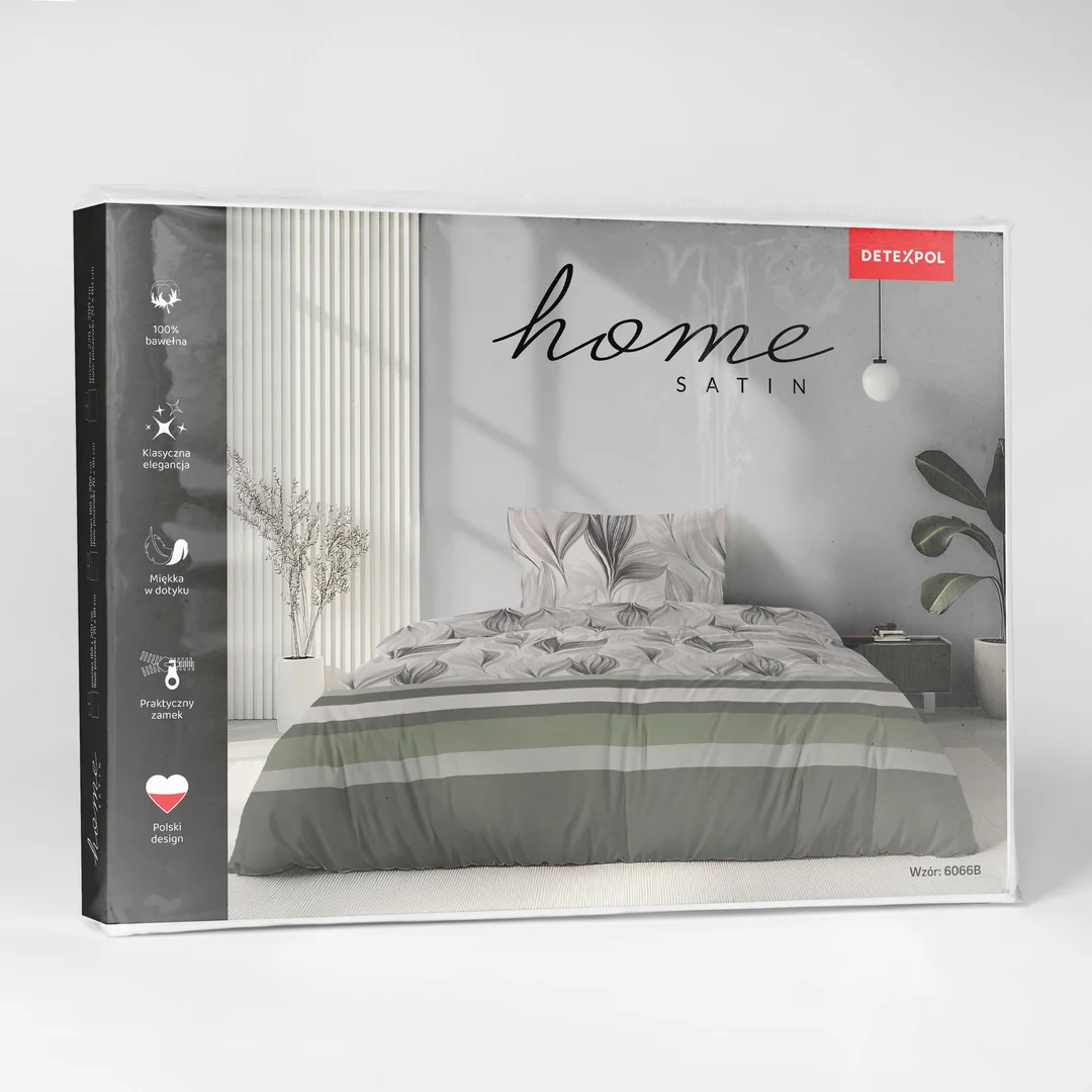 Pościel satynowa 160x200 beżowa zielona w liście i pasy - 6066 B - Home Satin — zdjęcie 3