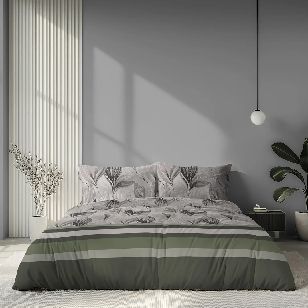 Pościel satynowa 160x200 beżowa zielona w liście i pasy - 6066 B - Home Satin — zdjęcie 4