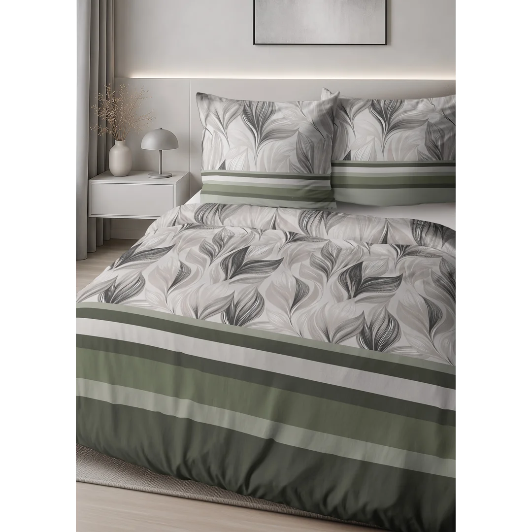 Pościel satynowa 160x200 beżowa zielona w liście i pasy - 6066 B - Home Satin — zdjęcie 5