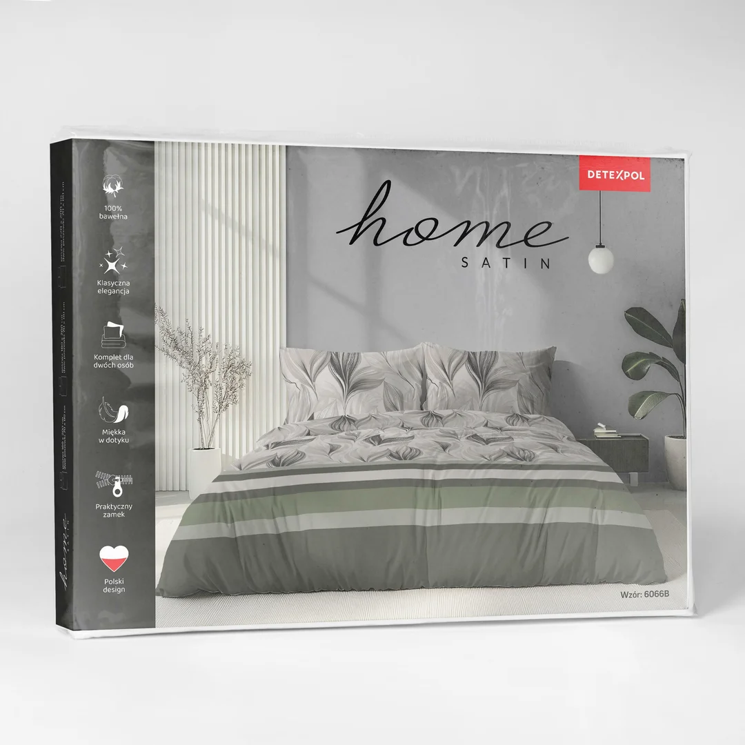 Pościel satynowa 160x200 beżowa zielona w liście i pasy - 6066 B - Home Satin — zdjęcie 6
