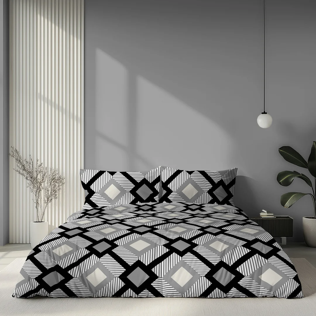 Pościel satynowa 160x200 biała czarna szara w geometryczne romby - 6068 A - Home Satin — zdjęcie 4