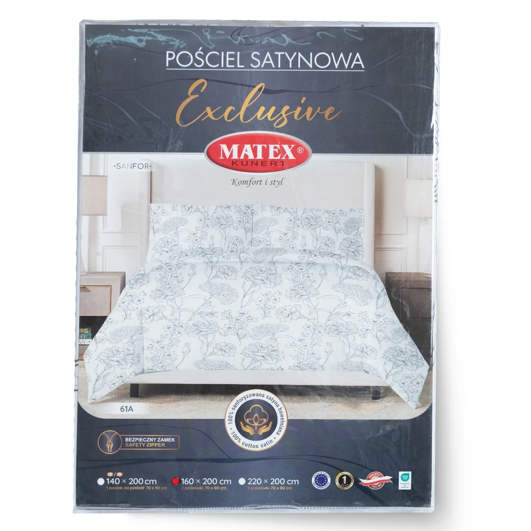 Pościel satynowa 160x200 biała szara kwiaty 61A Exclusive 2 — zdjęcie 6