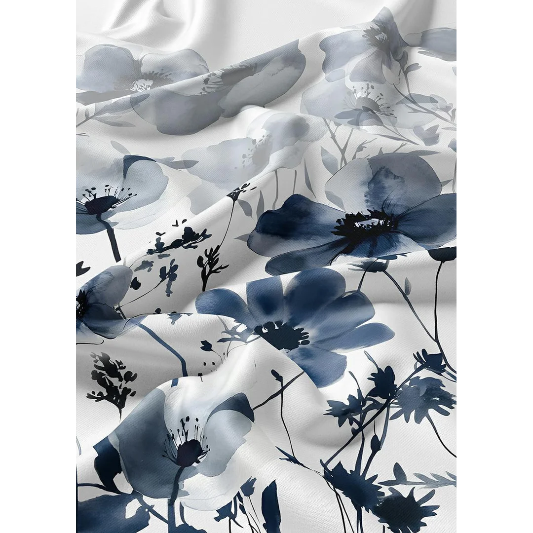 Pościel satynowa 160x200 biała w akwarelowe niebieskie kwiaty - 5776 A - Satynowa Harmonia — zdjęcie 3