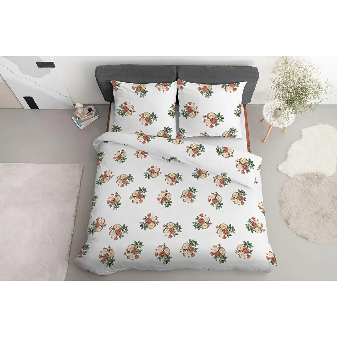 Pościel satynowa 160x200 biała w drobne bukiety czerwono-beżowych róż - 5805 B - Satynowa Harmonia — zdjęcie 5