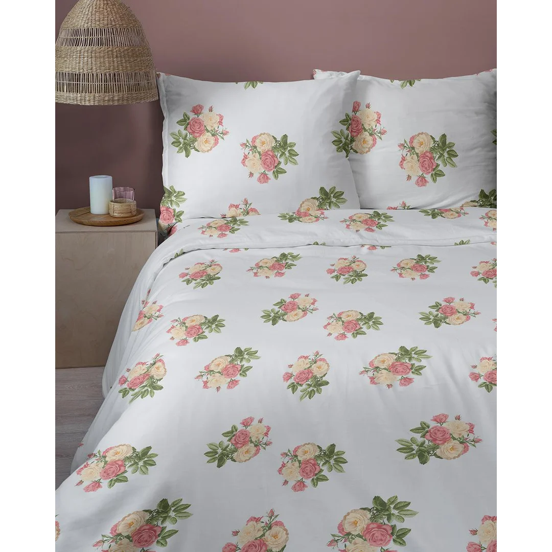 Pościel satynowa 160x200 biała w drobne bukiety różowo-beżowych róż - 5805 A - Satynowa Harmonia — zdjęcie 2