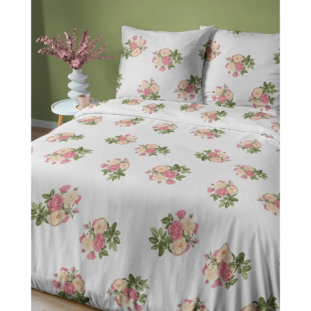 Pościel satynowa 160x200 biała w drobne bukiety różowo-beżowych róż - 5805 A - Satynowa Harmonia — zdjęcie 4
