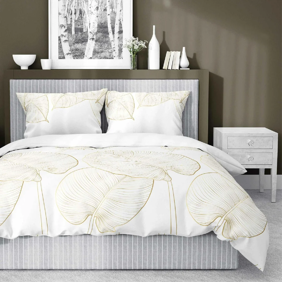 Pościel satynowa 160x200 biała w duże liście – 4678 A – Botanica Satin — zdjęcie 2