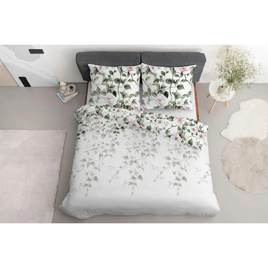 Pościel satynowa 160x200 biała w kwiaty na gałązkach różowo-zielone - 5800 B - Satynowa Harmonia — zdjęcie 5