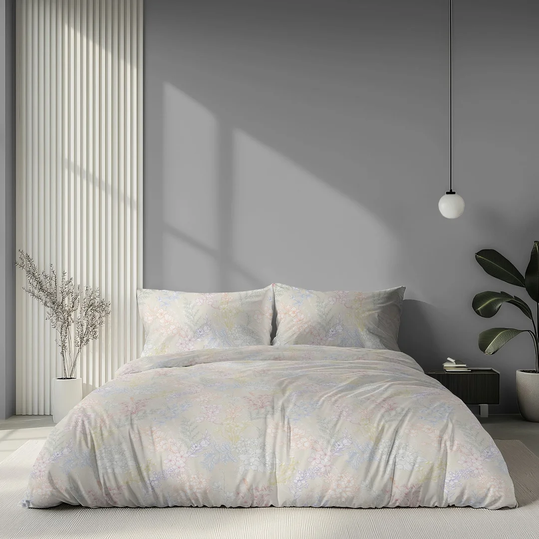 Pościel satynowa 160x200 biała w pastelowy roślinny wzór - 6064 A - Home Satin — zdjęcie 4