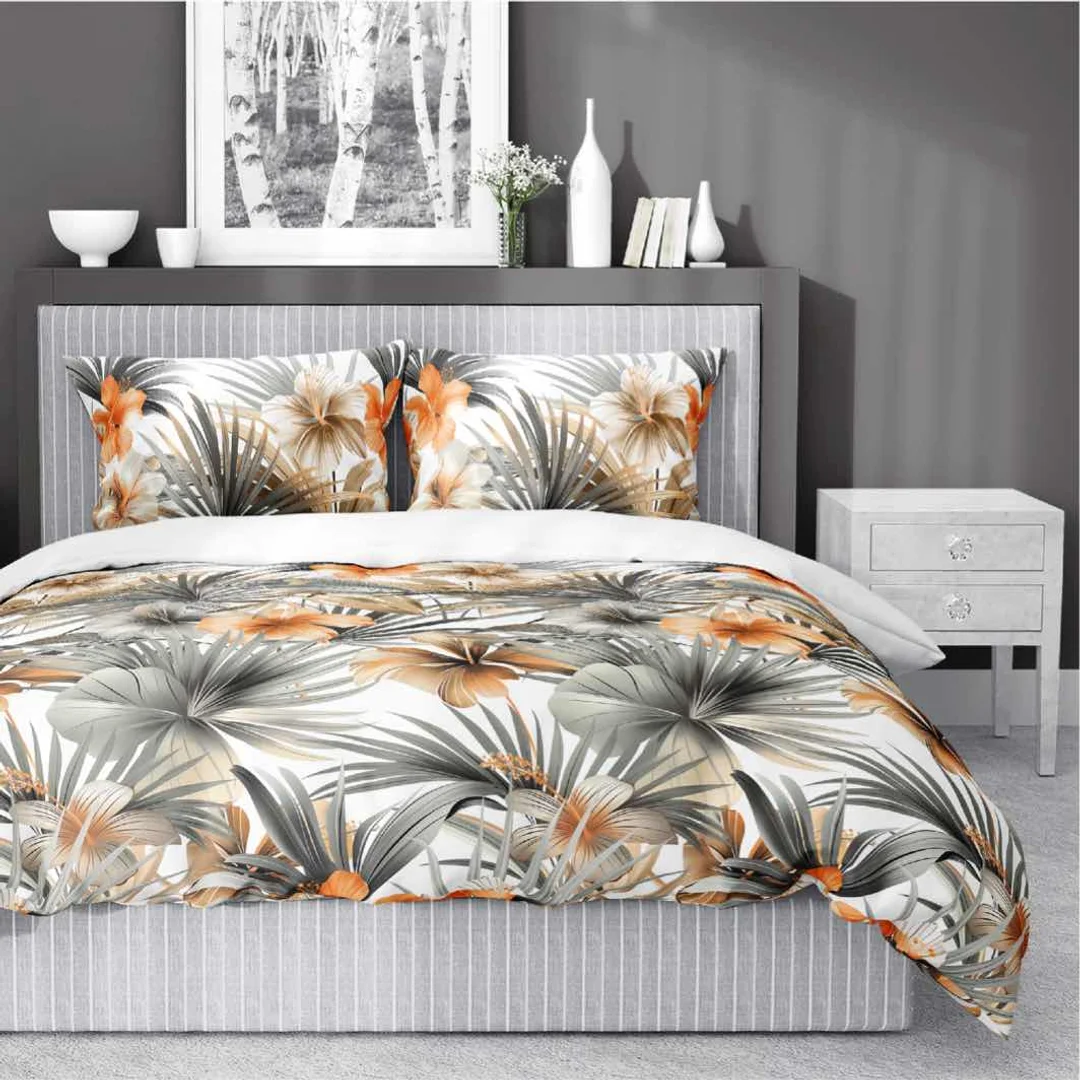 Pościel satynowa 160x200 Biała w pomarańczowe kwiaty i palmy – styl tropikalny, 100% bawełna - 5479 A - Home Satin 71 — zdjęcie 2