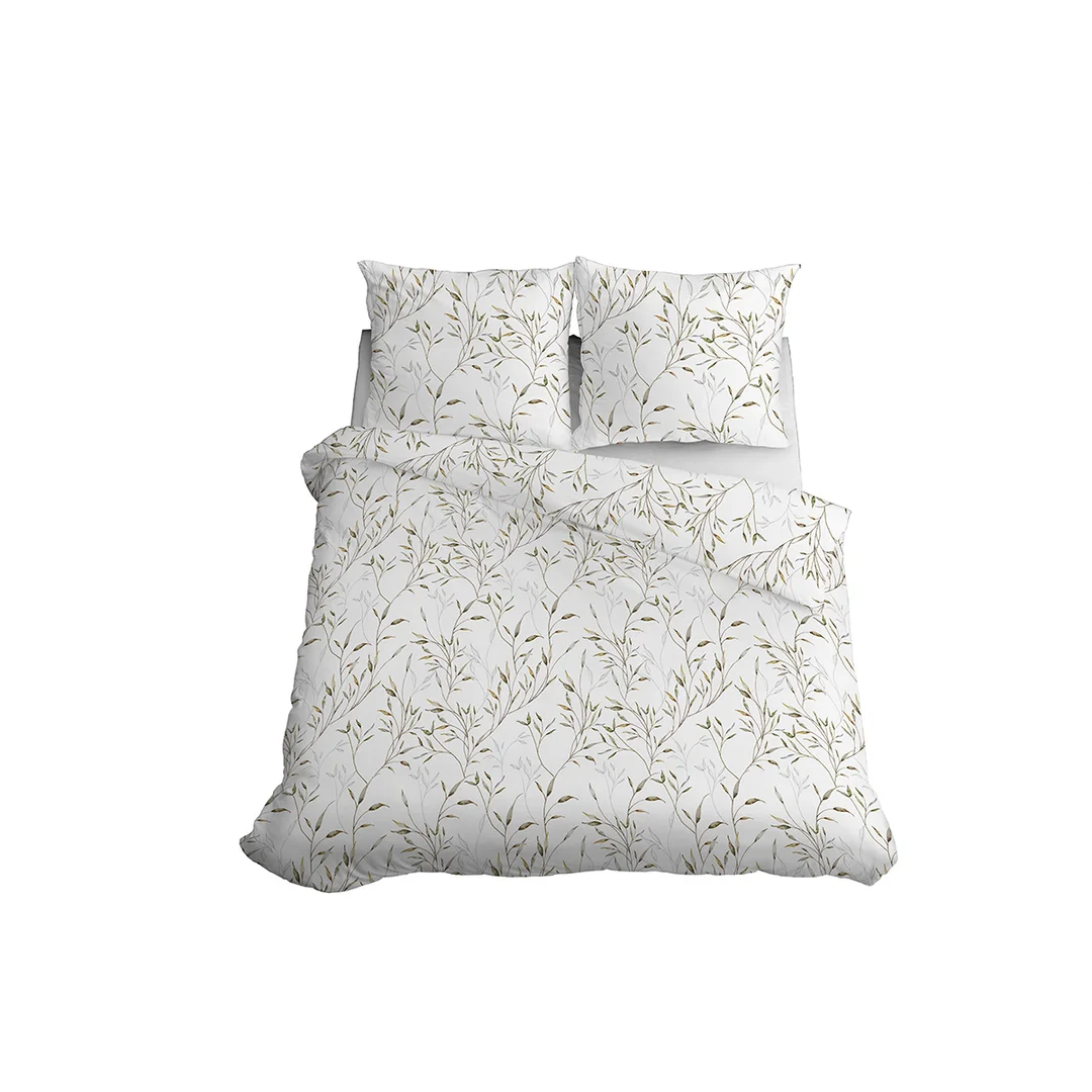 Pościel satynowa 160x200 biała w zielone liście - 5992 A - Home Satin — zdjęcie 3