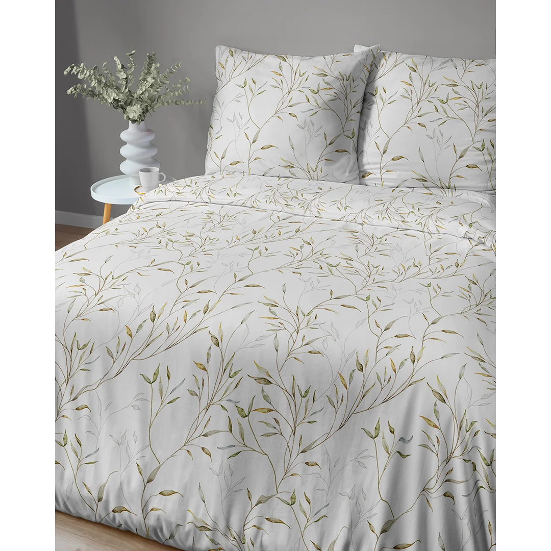 Pościel satynowa 160x200 biała w zielone liście - 5992 A - Home Satin — zdjęcie 4