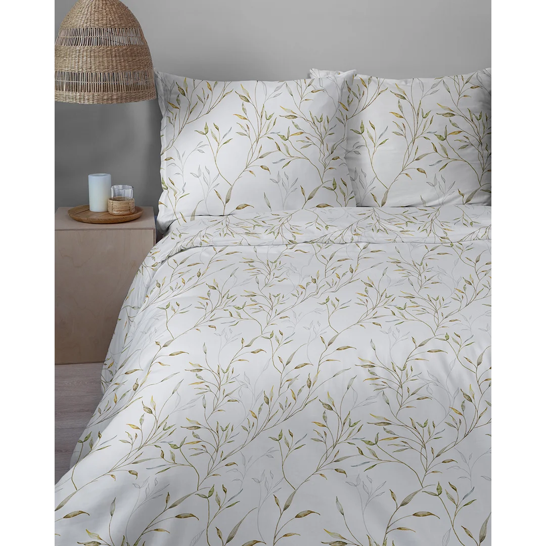 Pościel satynowa 160x200 biała w zielone liście - 5992 A - Home Satin — zdjęcie 7