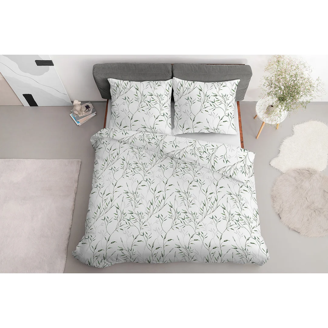 Pościel satynowa 160x200 biała w zielone liście - 5992 B - Home Satin — zdjęcie 2