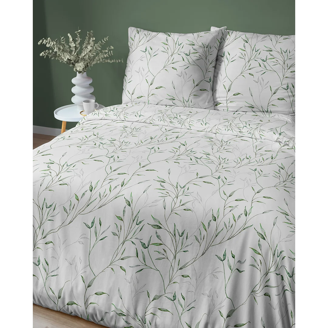 Pościel satynowa 160x200 biała w zielone liście - 5992 B - Home Satin — zdjęcie 4