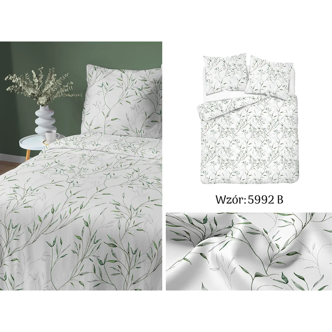 Pościel satynowa 160x200 biała w zielone liście - 5992 B - Home Satin — zdjęcie 6