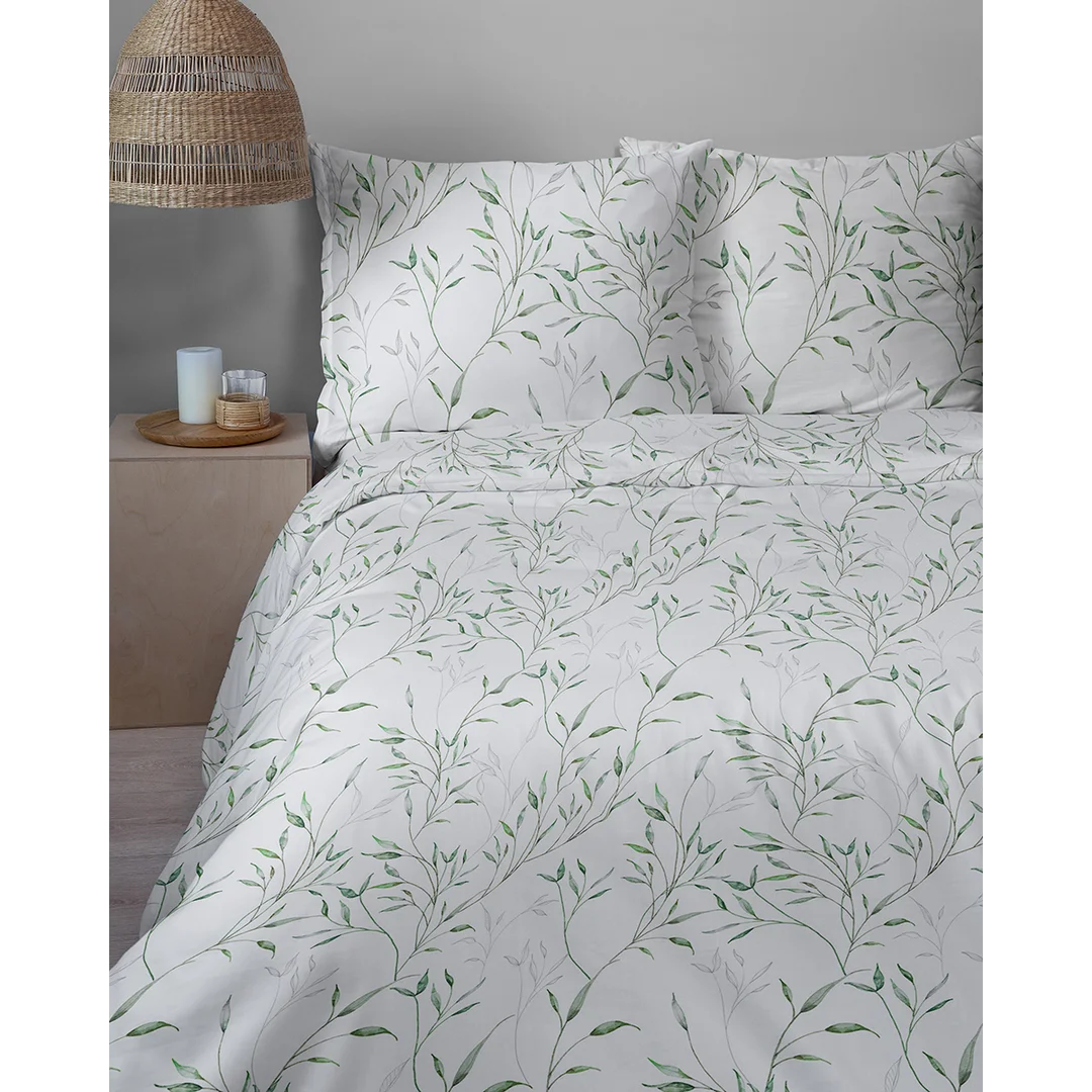 Pościel satynowa 160x200 biała w zielone liście - 5992 B - Home Satin — zdjęcie 7