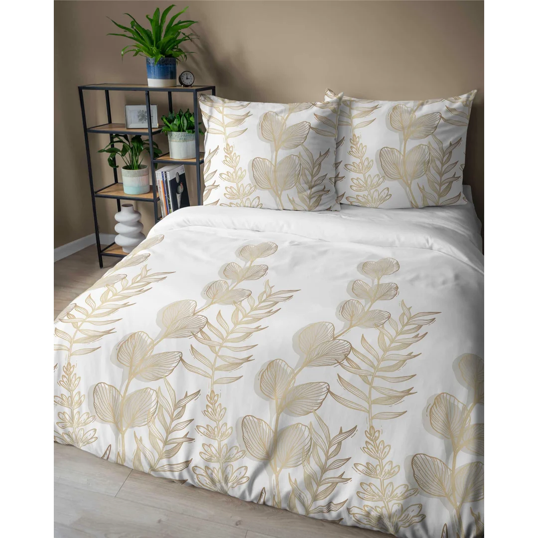 Pościel satynowa 160x200 Biała w złoto-beżowe liście – elegancki wzór, 100% bawełna 5477 B - Home Satin 71 — zdjęcie 2