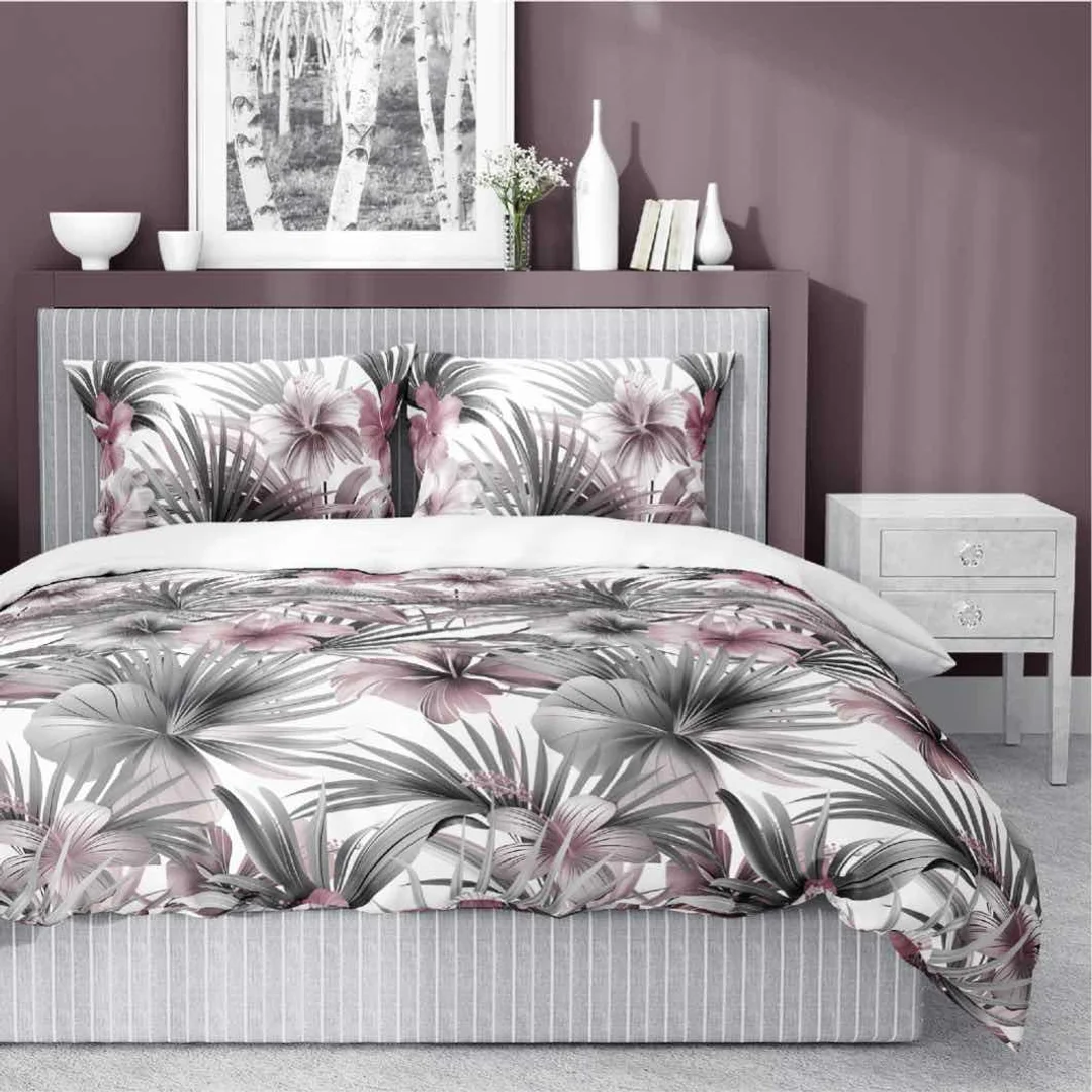 Pościel satynowa 160x200 Biała z liśćmi palmowymi i różowymi hibiskusami – styl tropikalny, 100% bawełna - 5479 B - Home Satin 71 — zdjęcie 3