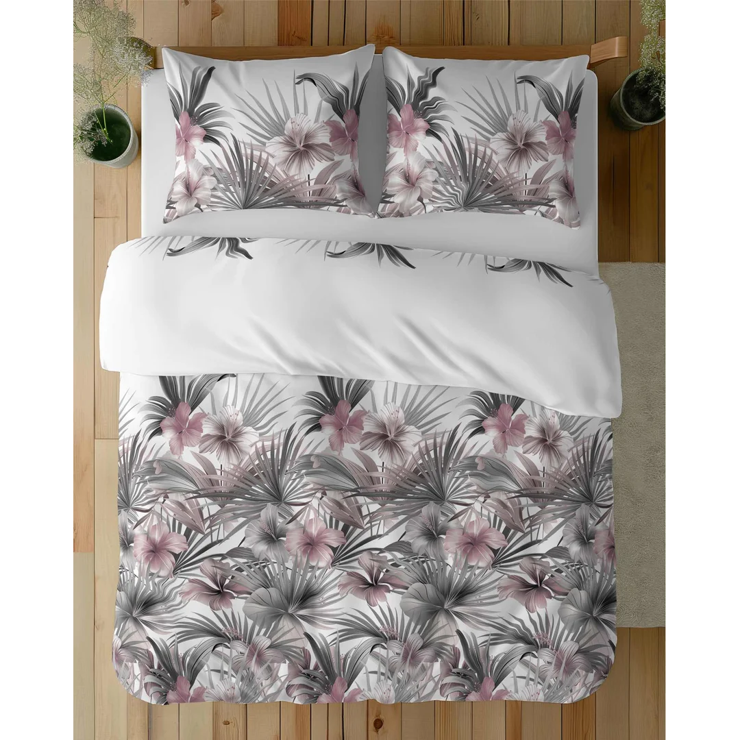 Pościel satynowa 160x200 Biała z liśćmi palmowymi i różowymi hibiskusami – styl tropikalny, 100% bawełna - 5479 B - Home Satin 71 — zdjęcie 4