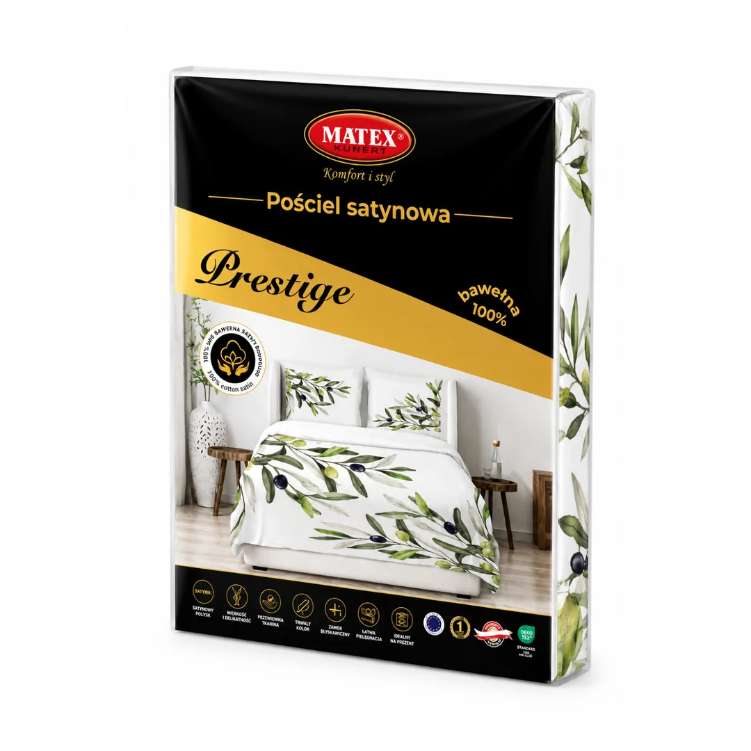 Pościel satynowa 160x200 biała zielona oliwki Prestige 1 — zdjęcie 5