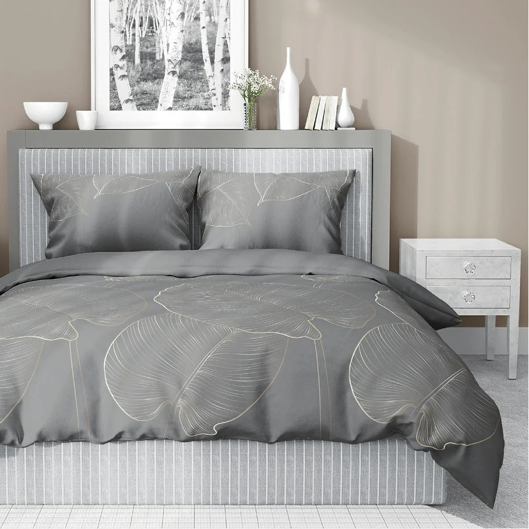 Pościel satynowa 160x200 grafitowa w duże liście – 4678 C – Botanica Satin — zdjęcie 2