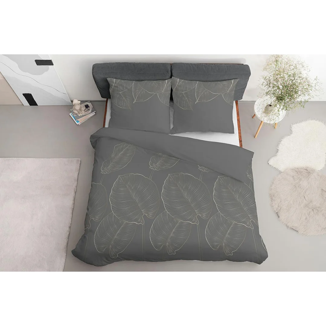Pościel satynowa 160x200 grafitowa w duże liście – 4678 C – Botanica Satin — zdjęcie 3