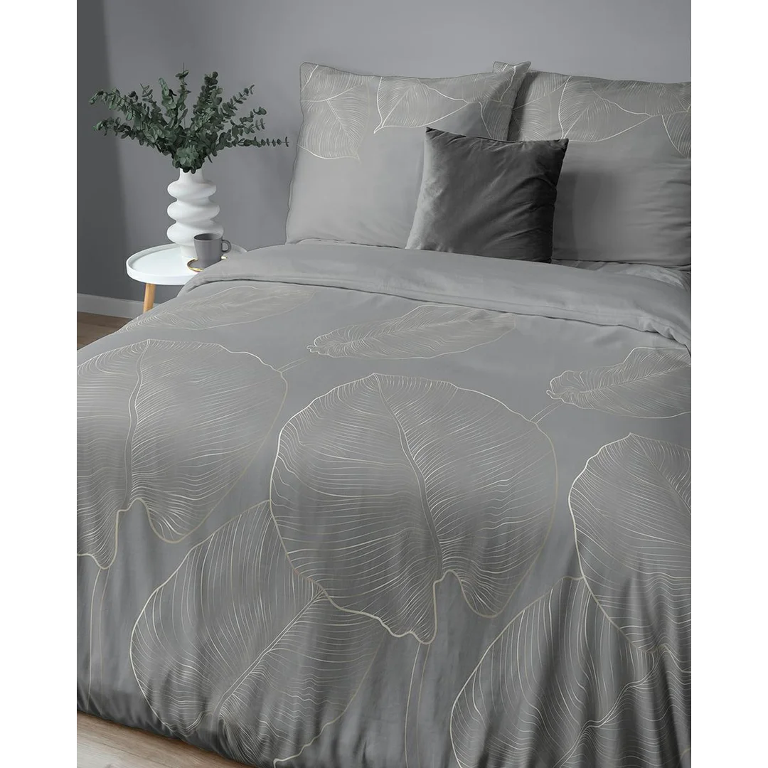 Pościel satynowa 160x200 grafitowa w duże liście – 4678 C – Botanica Satin — zdjęcie 4