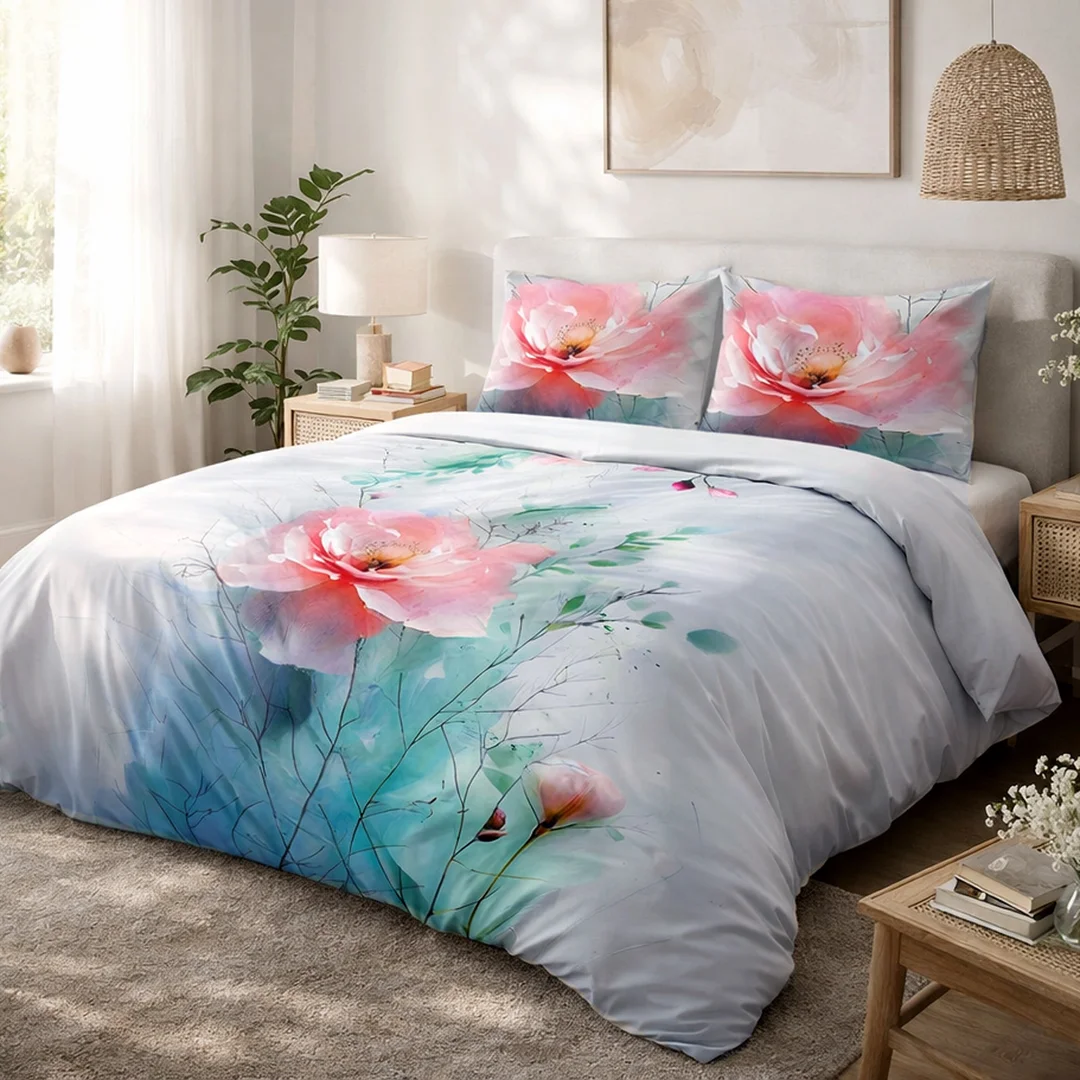 Pościel satynowa 160x200 jasna w różowe kwiaty i zielone liście delikatna elegancka - SATYNLOVE PREMIUM — zdjęcie 2