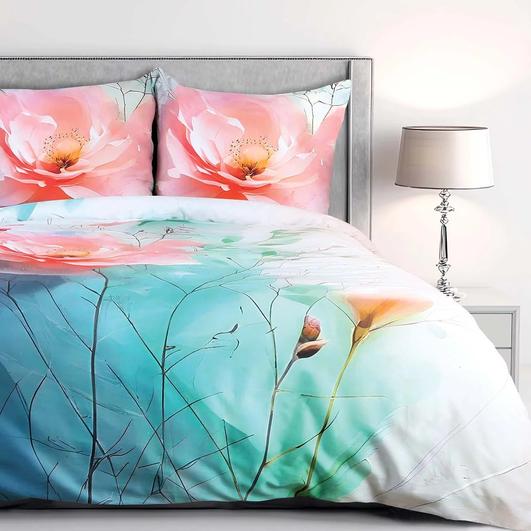 Pościel satynowa 160x200 jasna w różowe kwiaty i zielone liście delikatna elegancka - SATYNLOVE PREMIUM — zdjęcie 8